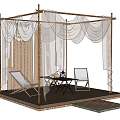 Outdoor Relaxation Space With Wooden Gazebo Net Curtains Loungers And Table