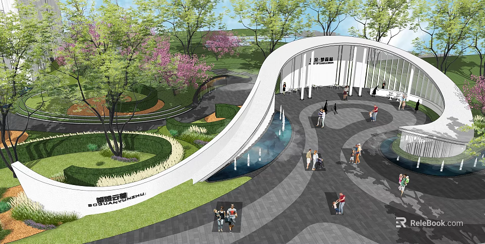 Scenic Garden Landscape With Curved Architectural Structure Flowering Trees Walkways And Water Features 3d model 