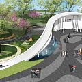 Scenic Garden Landscape With Curved Architectural Structure Flowering Trees Walkways And Water Features