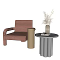 Brown Single Sofa With Cylindrical Side Table Grey Small Table And Vase With Dried Plants 3d model