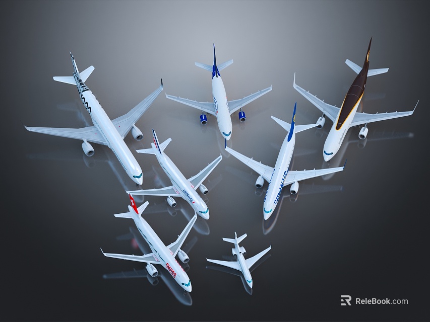 Different Colored Passenger Planes with Airline Logos Arranged in Star Shape on Dark Reflective Background 3d model 
