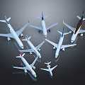 Different Colored Passenger Planes with Airline Logos Arranged in Star Shape on Dark Reflective Background