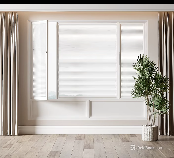 Partially Open White Blinds with Curtains Light Colored Walls Wooden Floor and Green Plant 3d model 