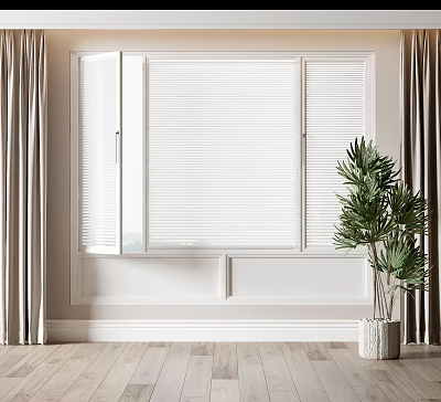 Partially Open White Blinds with Curtains Light Colored Walls Wooden Floor and Green Plant 3d model