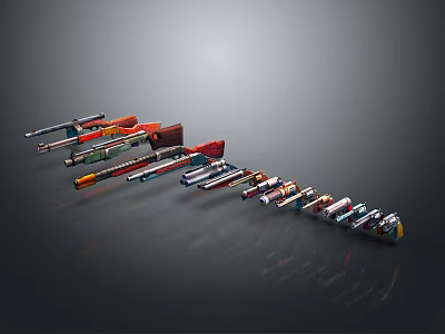 Weapons Collection Featuring Various Types And Colorful Designs Arranged On 3d model