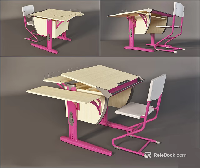 Adjustable Kids Study Desk With Pink Metal Frame Light Wooden Top And Chair 3d model 