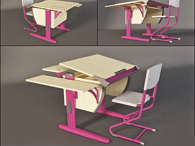 Adjustable Kids Study Desk With Pink Metal Frame Light Wooden Top And Chair 3d model