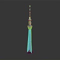 Modern Slender Metallic Tower With Antenna And Dangling Base Decorative Elements