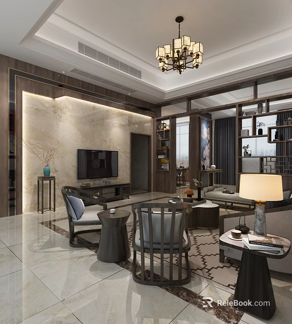 Elegant Traditional Living Room Interior With TV Wall Chandelier And Marble Floor 3d model 
