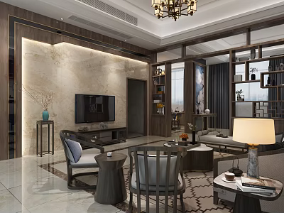 Elegant Traditional Living Room Interior With TV Wall Chandelier And Marble Floor 3d model