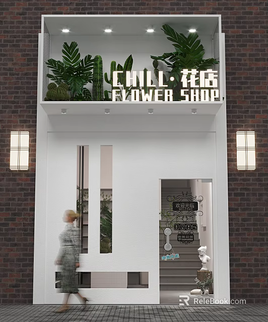 Charming Flower Shop Storefront With Green Plants White Design And Brick Wall Background 3d model 