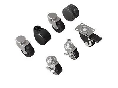 Various Caster Wheels in Black Silver with Different Mounting Plates 3d model