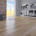 Wooden Floor in Modern Living Room with Gray Sofa Brick Wall Window and Horse Paintings