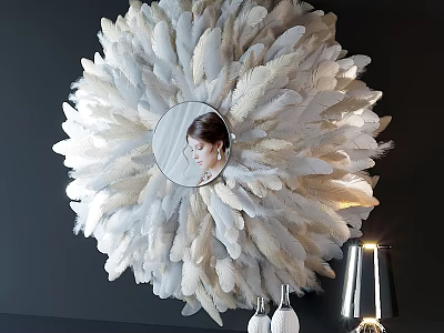 Decorative Mirror with White and Beige Feather Decoration on Dark Wall White Vases Silver Lamp 3d model