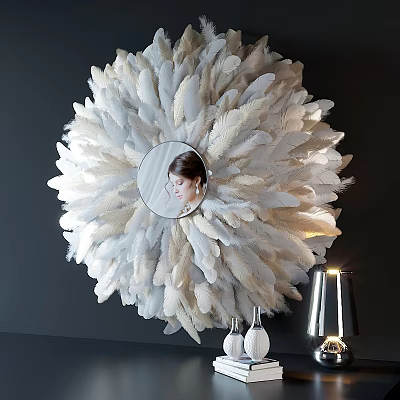 Decorative Mirror with White and Beige Feather Decoration on Dark Wall White Vases Silver Lamp 3d model