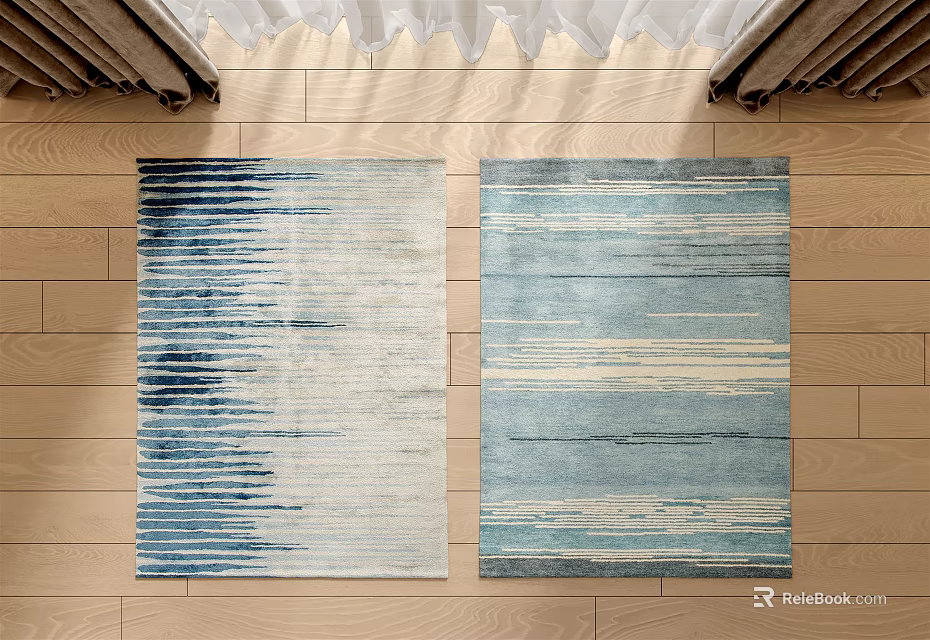 Two Modern Square Rugs With Blue And White Gradient Pattern On Wooden Floor 3d model