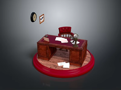 Wooden Desk Interior With Red Chair Table Lamp Wall Clock Picture Frame Scattered Papers 3d model