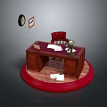 Wooden Desk Interior With Red Chair Table Lamp Wall Clock Picture Frame Scattered Papers