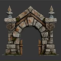 Medieval Stone Archway Featuring Irregular Blocks Carved Pillars Spire Decorations And Wooden Doors With Moss