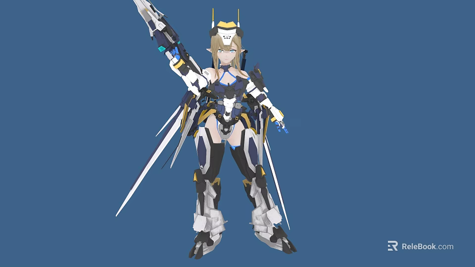 Detailed Sci Fi Woman in Futuristic Mechanical Armor Holding Swords and Blue Accents 3d model 