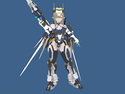 Detailed Sci Fi Woman in Futuristic Mechanical Armor Holding Swords and Blue Accents 3d model