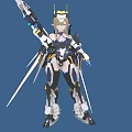 Detailed Sci Fi Woman in Futuristic Mechanical Armor Holding Swords and Blue Accents