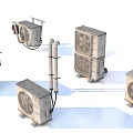 Multiple Vintage Air Conditioner Fans With Various Shapes And Pipe Attachments