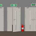 Three White Exit Doors With Green Signs Open Middle Door And Red Fire Extinguisher