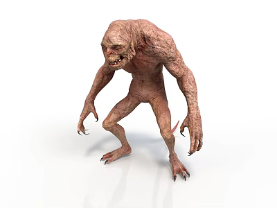 Horror style monster goblin monster tan monster humanoid creature red eyes pointed claw twist muscle crouching posture white background 3d model