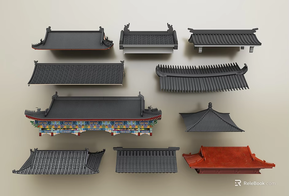 Traditional Chinese Roof Components With Various Styles Black Red Colors And Ornamental Designs 3d model 