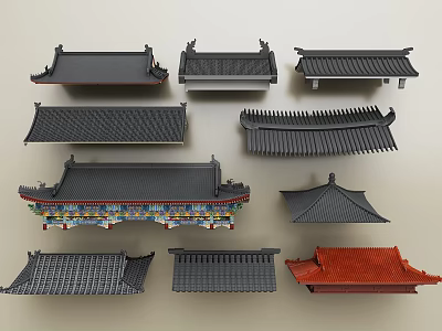 Traditional Chinese Roof Components With Various Styles Black Red Colors And Ornamental Designs 3d model
