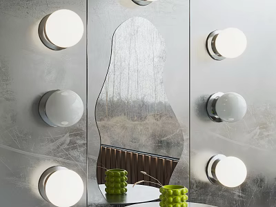 Modern Wall Lamps With White Lampshades Surrounding Decorative Mirror Metallic Base And Green Vases 3d model