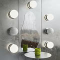 Modern Wall Lamps With White Lampshades Surrounding Decorative Mirror Metallic Base And Green Vases