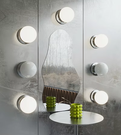 Modern Wall Lamps With White Lampshades Surrounding Decorative Mirror Metallic Base And Green Vases 3d model