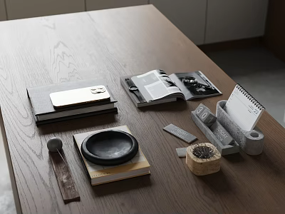 Decorative Ornament Combination With Books Phone Plate Calendar And Small Ornaments On Wooden Table 3d model