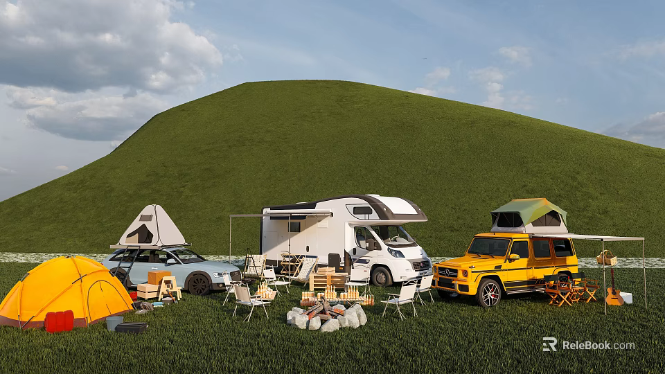 Outdoor Camping With Motorhome SUV Car And Gear On Green Grassland 3d model 
