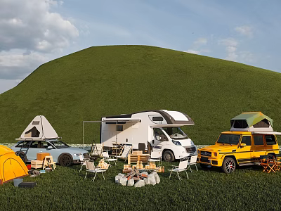 Outdoor Camping With Motorhome SUV Car And Gear On Green Grassland 3d model