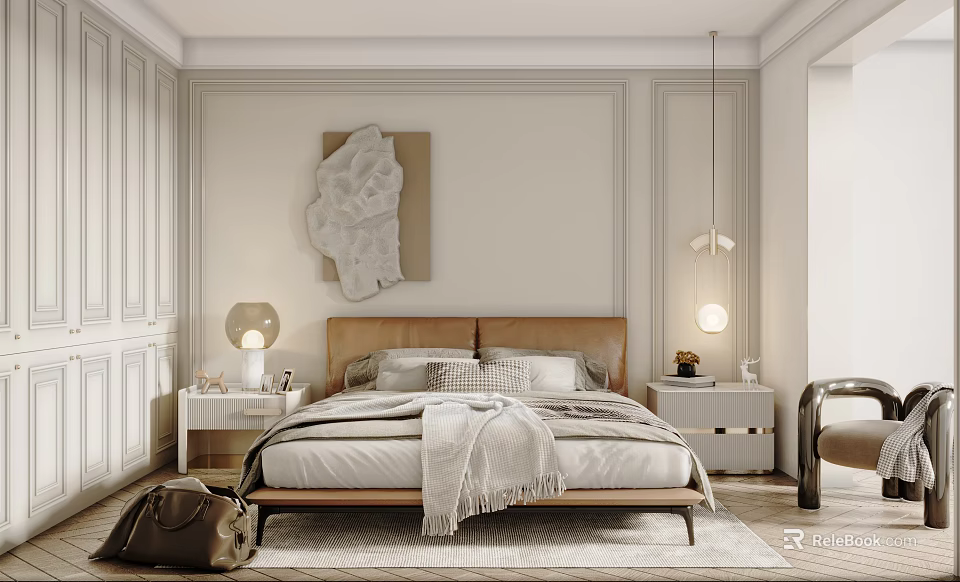 Elegant Modern Bedroom With White Walls Wooden Headboard Nightstands Pendant Lights Rug And Artwork 3d model 
