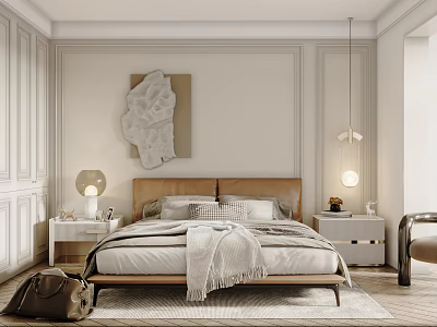 Elegant Modern Bedroom With White Walls Wooden Headboard Nightstands Pendant Lights Rug And Artwork 3d model
