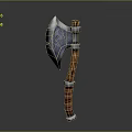 Handcrafted Axe With Metal Blade Carved Patterns And Wooden Handle Red White Wrapping