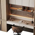 Modern Style Wooden Desk with Bookshelves LED Strip Lights Table Lamp Decorations and Brown Chair
