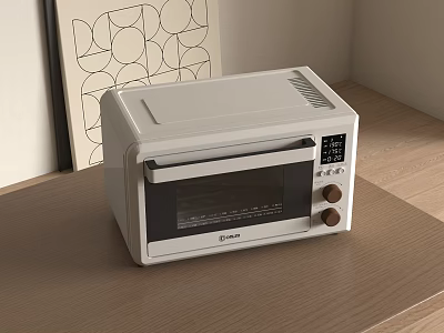 White Kitchen Appliance Oven With Digital Control Panel On Wooden Countertop 3d model