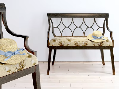 Leisure Chair With Diamond Pattern Backrest Floral Fabric Cushion And Straw Hat With Blue Bow 3d model