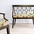 Leisure Chair With Diamond Pattern Backrest Floral Fabric Cushion And Straw Hat With Blue Bow