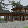 Traditional Chinese Ancient Architecture Featuring Curved Eaves Pine Trees And Stone Path 3d model