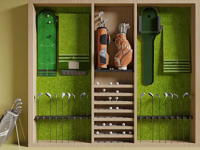 Golf Course Equipment Storage Area with Organized Clubs Bags and Balls 3d model