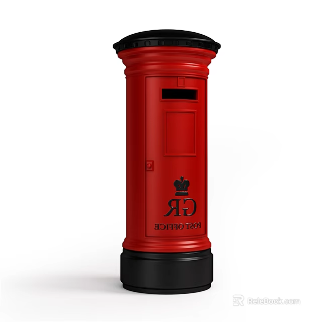 Red Public Postbox Facility With Black Top Base Crown Logo And Post Office Lettering 3d model 