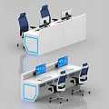 Modern Office Desk With Gray Surface Blue Accents Computer Monitors And Ergonomic Chairs