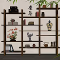 Wooden Shelving Unit in Modern Interior with Books Vases Decorations Tea Sets and Potted Plants