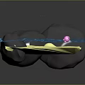 Cartoon Scene With Blue Water Ripples Gray Stones Yellow Sand And Pink Small Ball